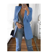 Office Lady Blazer Coats Lapel Long Sleeve Solid Cardigan-Blue-1