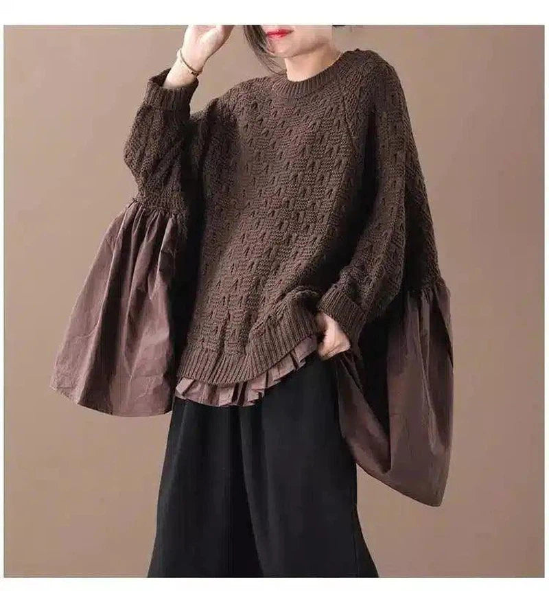 Women's Cable Knit Balloon Sleeve Sweater-Coffee color-1