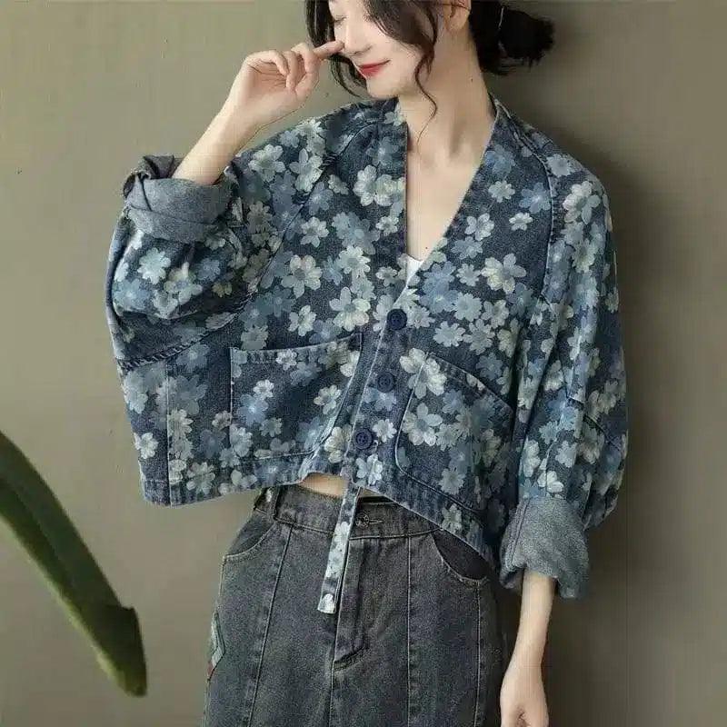 Floral Denim Cropped Jacket for Women-Blue-1