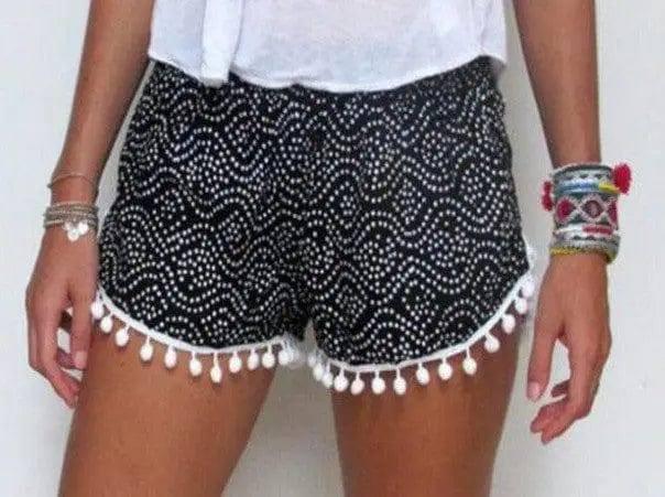 Printed elastic waist shorts beach pants-Blcak-11