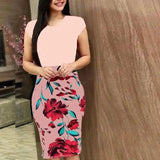 Printed Office Midi Pencil Dress Large Women Dress-Pink-15