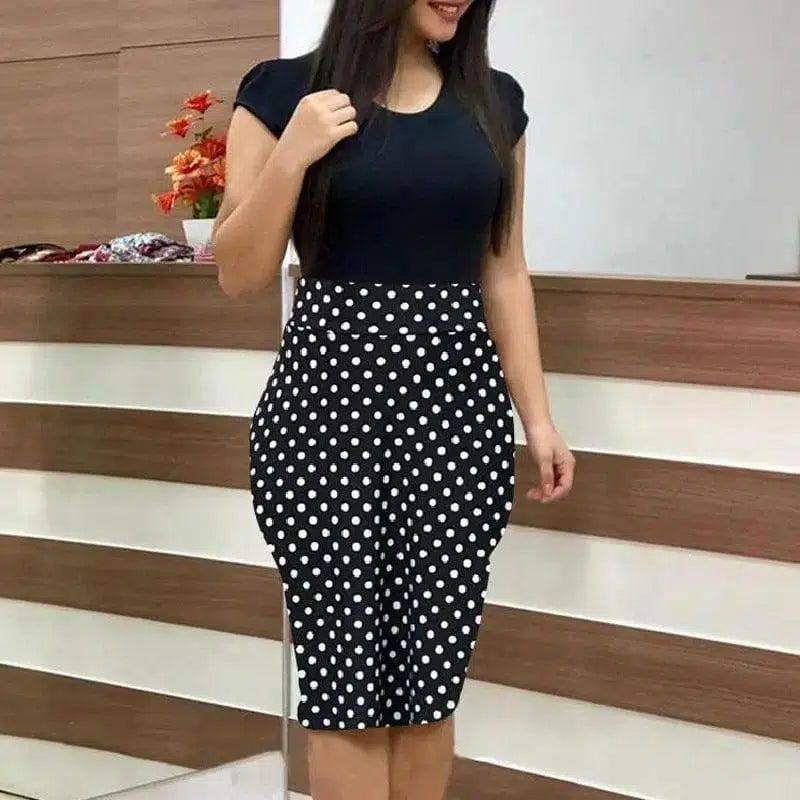 Printed Office Midi Pencil Dress Large Women Dress-Black-7