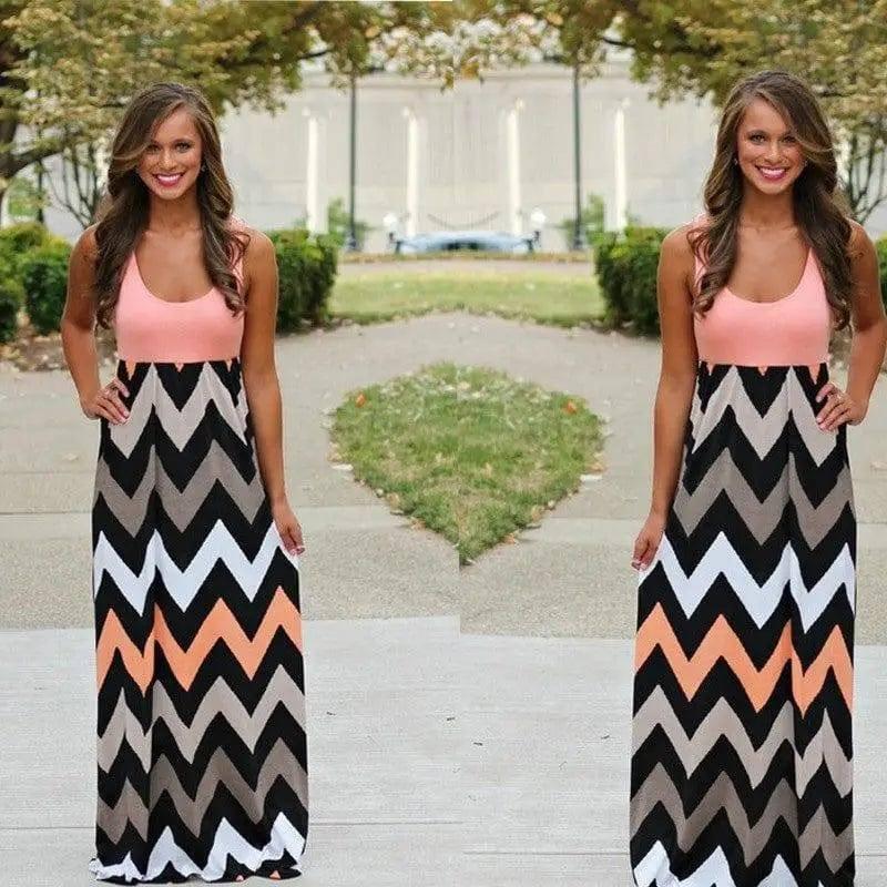 Printed Waves Stripe Long Skirt Dress-RoseRed-16