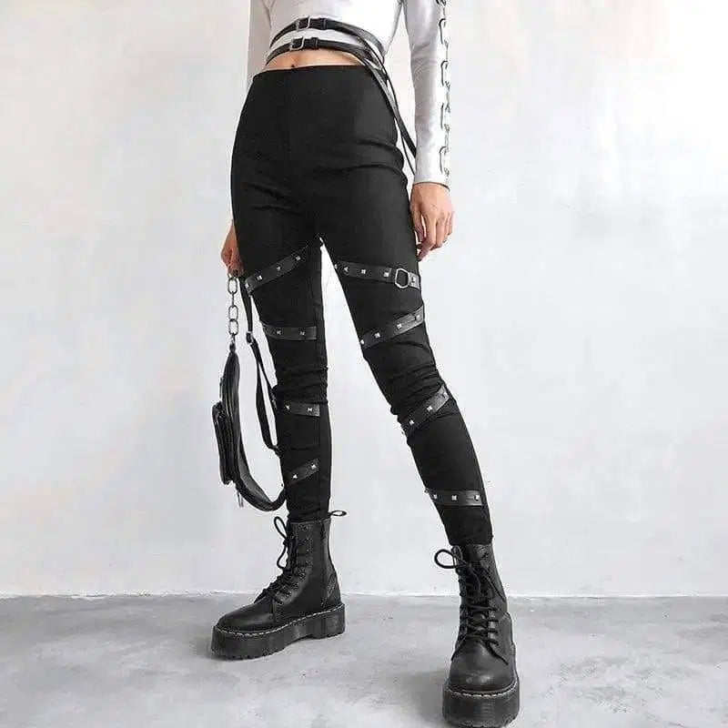 Push Up Black Gothic Leggings Women Ribbon With Rivet-Black-1