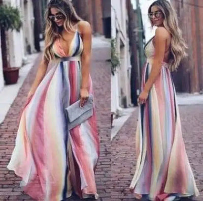 Rainbow Summer Maxi Dress Women Dress Colorful V-Neck-1