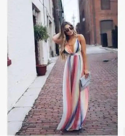 Rainbow Summer Maxi Dress Women Dress Colorful V-Neck-Color-3