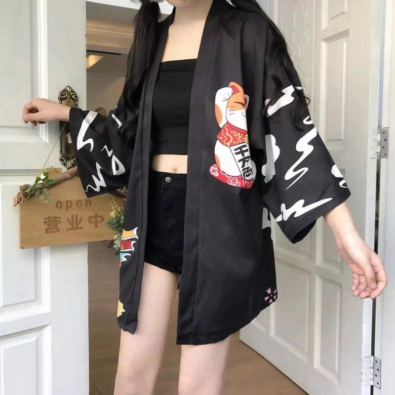 Womens Lightweight Printed Kimono Jacket-Black-1