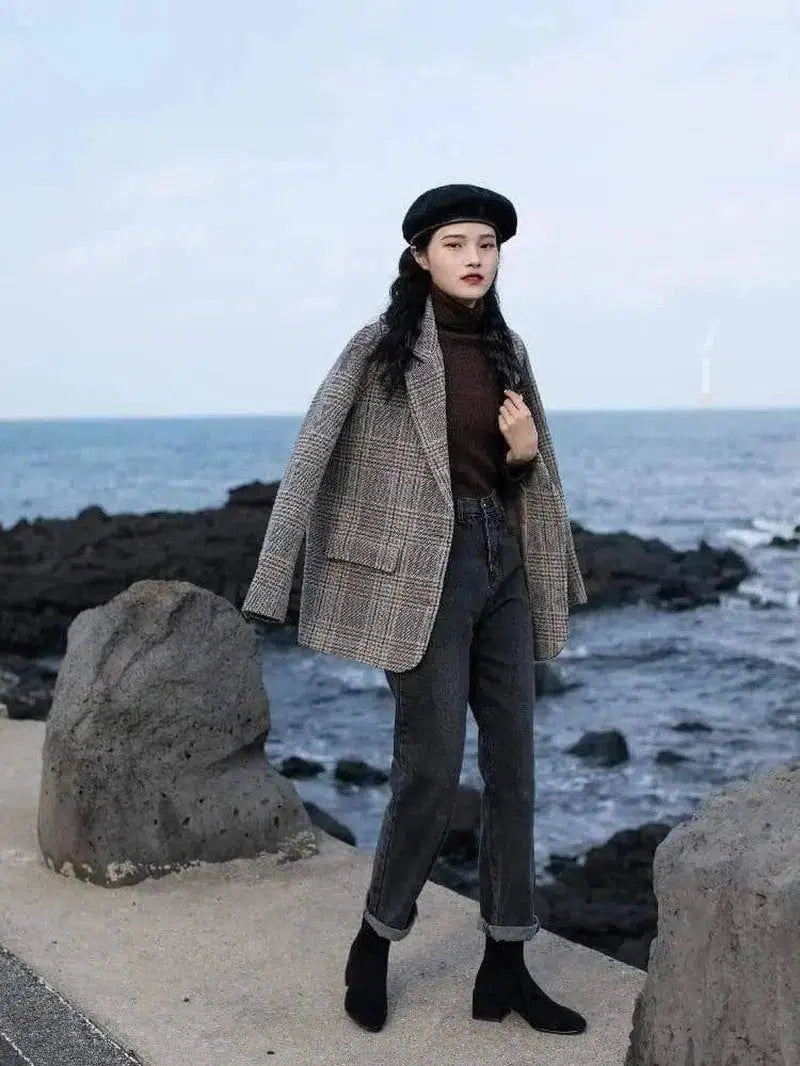 Retro Plaid Woolen Suit Jacket Women's Autumn And Winter-Grey coffee color-1