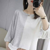 Women's Casual Two-Tone Knit Top-Grey-2