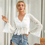 Women's V-Neck Peplum Blouse with Flared Sleeves-White-1