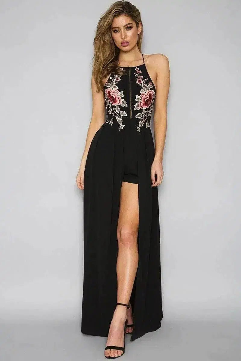 halter backless hand-embroidered split dress-black-10