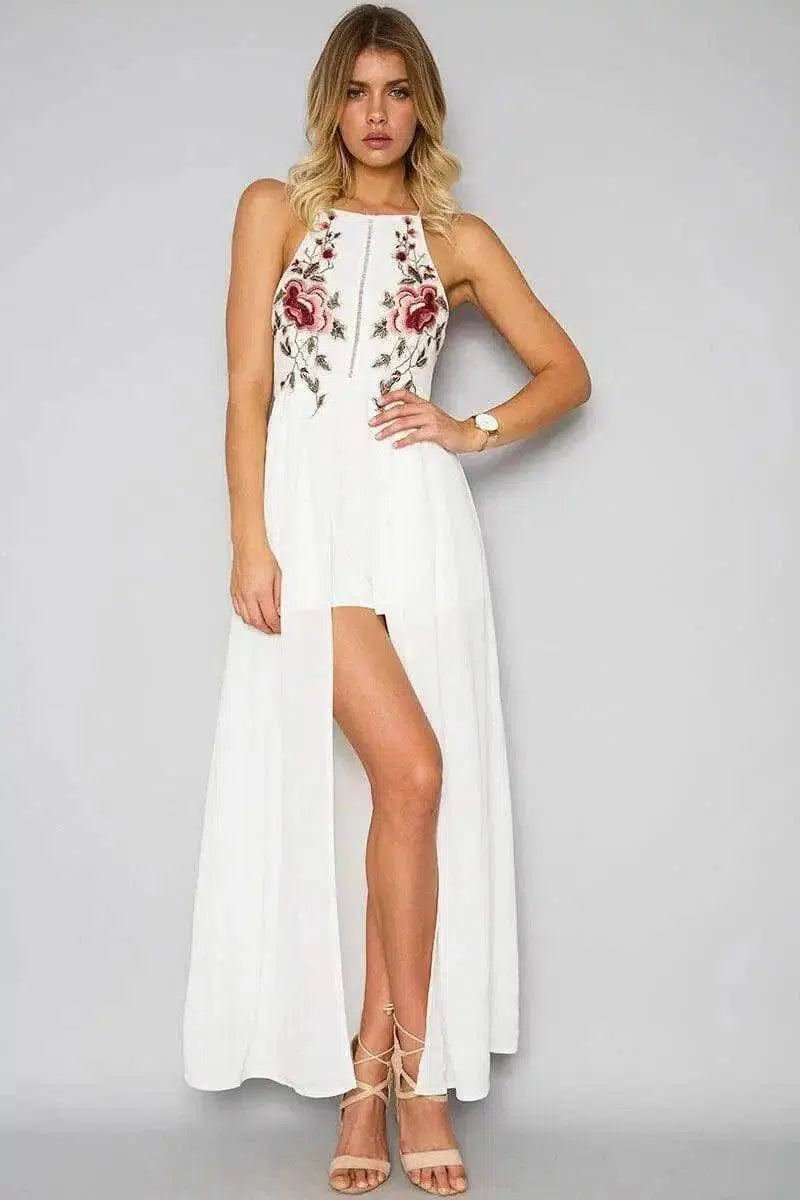 halter backless hand-embroidered split dress-white-12