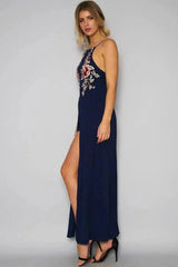 halter backless hand-embroidered split dress-blue-13