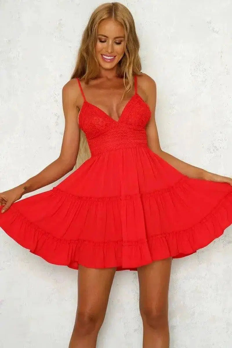 lace sling stitching bow princess dress-Red-30