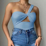 One-Shoulder Fitted Women's Top-Blue-2