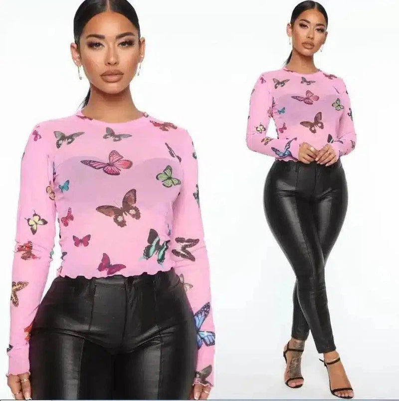 Perspective Printed Butterfly Long Sleeve T-shirt-Pink-4