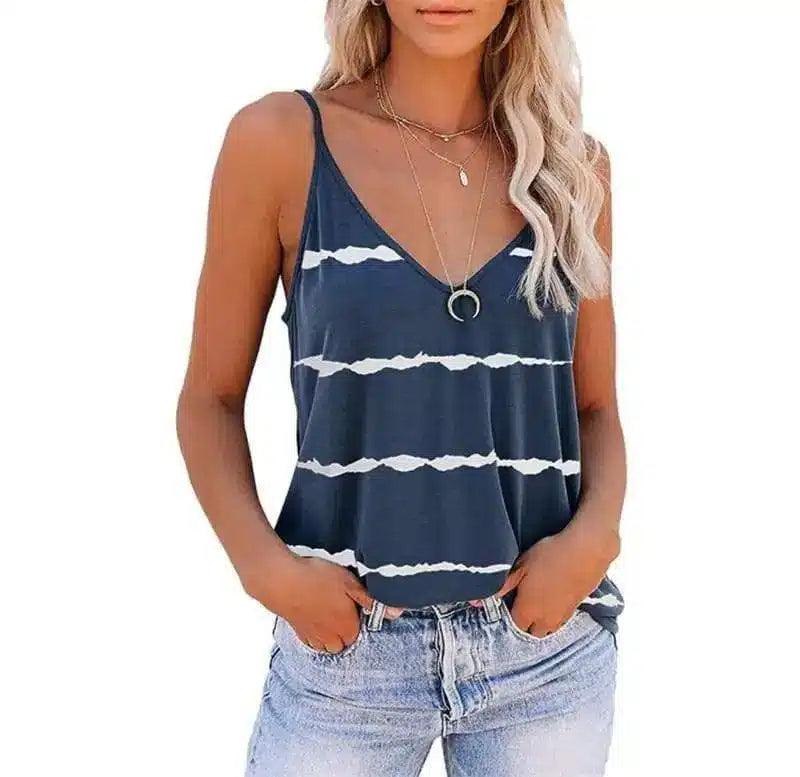 Women's Sleeveless V-Neck Striped Tank Top-Dark Blue-7