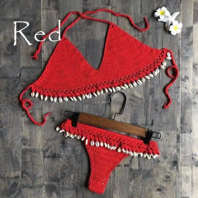 Women's Shell-Embellished Crochet Bikini Set-Red-4