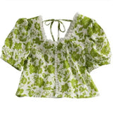 Floral Print Cotton Blouse with Ruffle Detail-Green-3