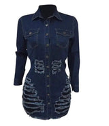 Shredded denim dress denim casual dress-NavyBlue-12