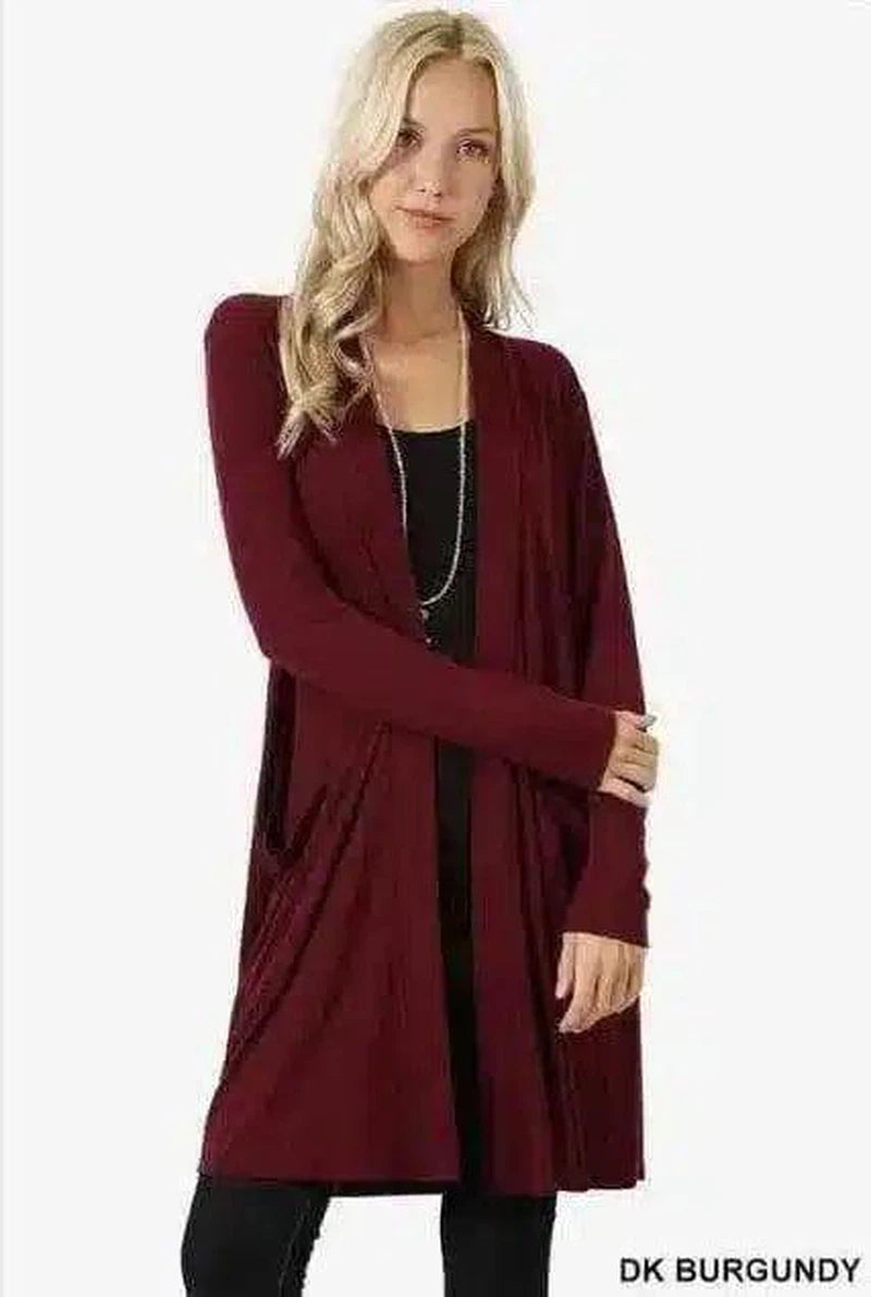 Long Sleeve Open Front Cardigan with Pockets-Red-2