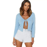 Sky Blue Velvet Cardigan Coats Women Crop Tops V-neck-Blue-2