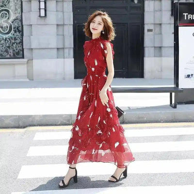 Sleeve Summer Short Sleeve Mid-long Dresses Fashion Lace-Red-3