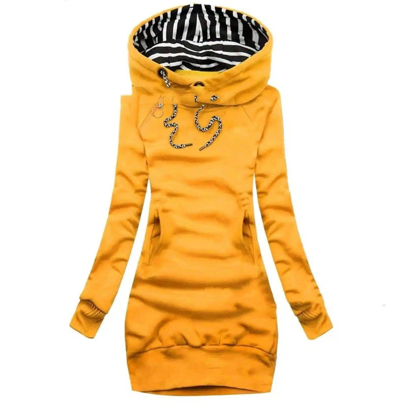 Women's Hooded Sweatshirt Dress with Pockets-Yellow-2