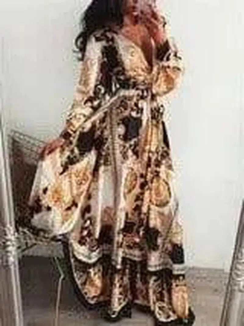 Slit Dress Printed V-neck Pullover Long Skirt-Picture4-23