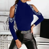 Women's Cutout Sleeve Turtleneck Top-Blue-2