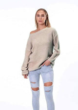 Off-Shoulder Knit Sweater for Women-Beige-6