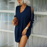 Solid Color Strapless V-Neck Beaded Short-Sleeved Loose-Navy blue-3