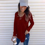 Solid Color V-Neck Tie Band Loose Top T-Shirt-Wine Red-2