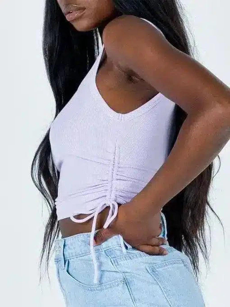 Women's Drawstring Crop Top Tank-White-2