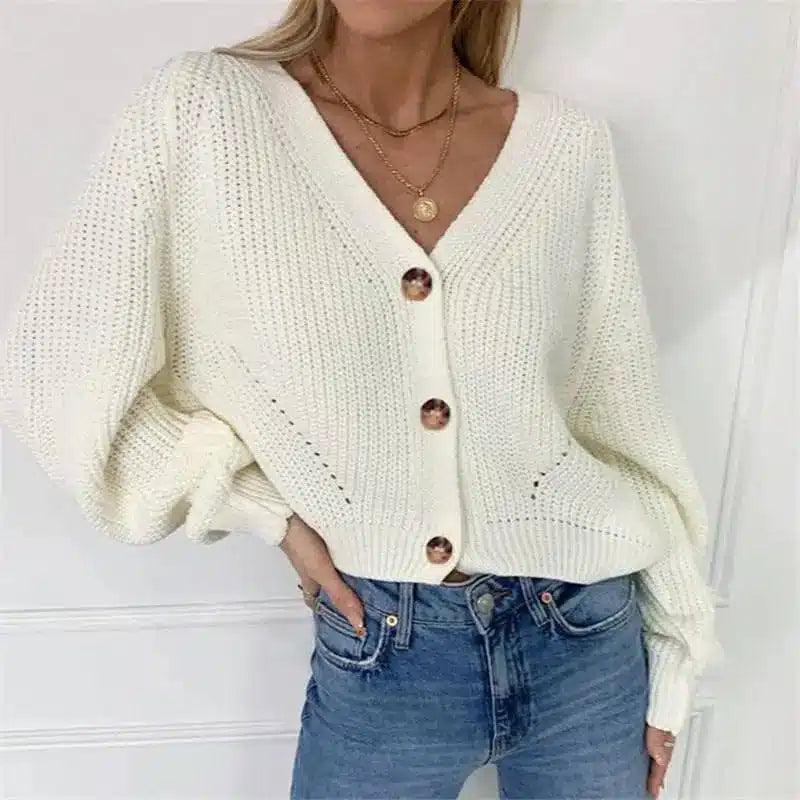 Womens Knit Buttoned Cardigan Sweater-White-1