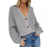 Womens Knit Buttoned Cardigan Sweater-Grey-3