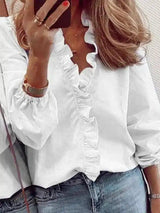 Ruffled V-Neck Women's Casual Blouse-White-2