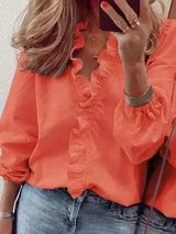 Ruffled V-Neck Women's Casual Blouse-Orange-4