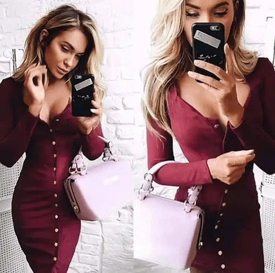 Spring Women Bodycon Slim Long Sleeve Party Cocktail Pencil-Winered-7