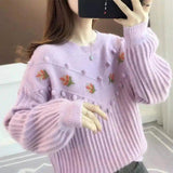 Women's Embroidered Knit Sweater with Pompoms-Pink-1