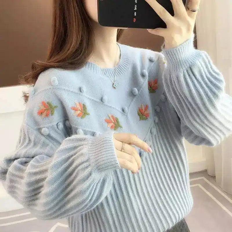 Women's Embroidered Knit Sweater with Pompoms-Blue-2