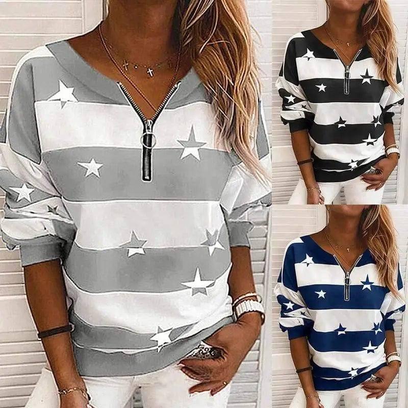 Striped Printed Long-Sleeved Zipper Loose Casual Sweater-1