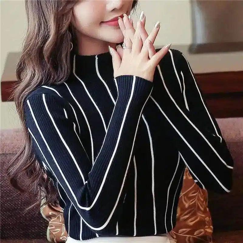 Women's Striped Turtleneck Sweater-Black-1