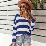 Striped Crew Neck Knit Sweater-Navy-5