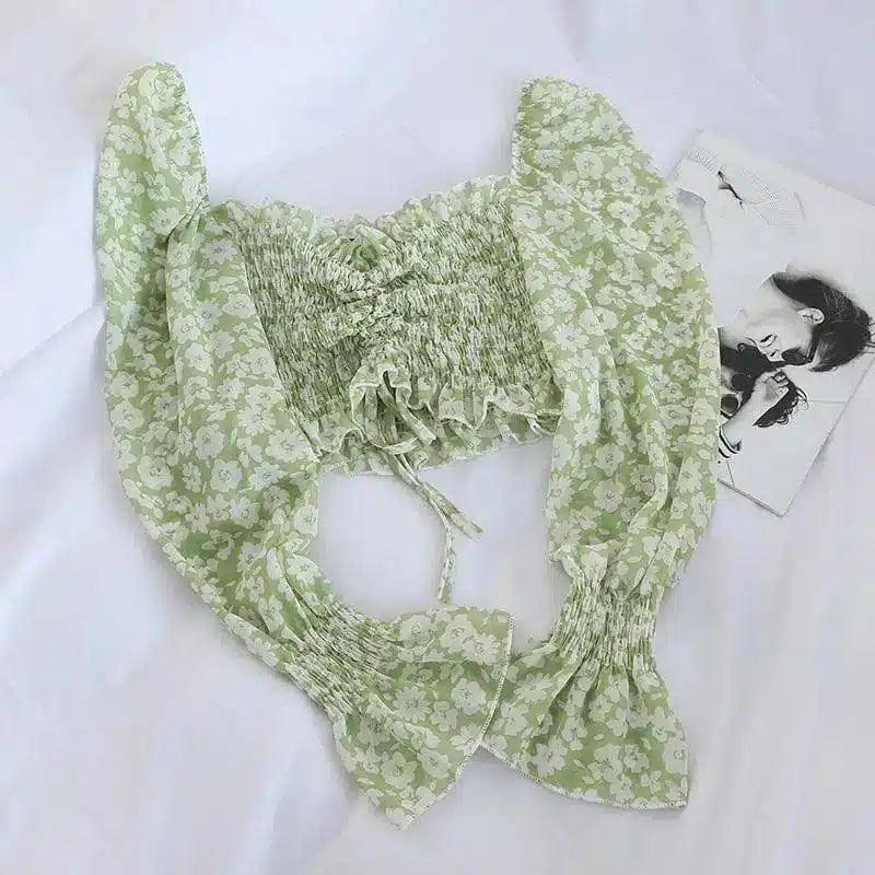 Floral Tie-Front Crop Top with Long Sleeves-Light Green-4