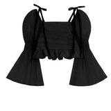 Tie-Strap Smocked Crop Top with Bell Sleeves-Black-3