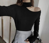 Chic Cut-Out Turtleneck Top for Women-Black-3