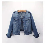 The Round Neck Casual Short Jacket Plus Size Denim Jacket-Blue-1