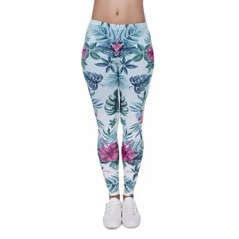 Tortoise back leaf floral cropped pants-Blue-2