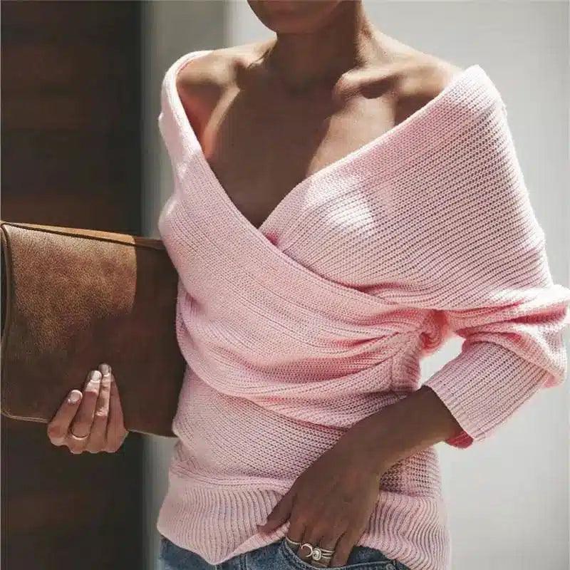 Womens Off-Shoulder Knit Sweaters-Pink-3